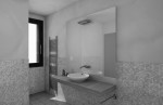 bagno stile moderno con mensola in rovere verniciato e mobile rivestito a specchio, design fc arredamenti