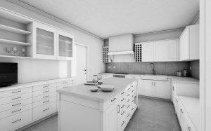 cucina stile classico con basi pensili e colenne laccate, piano top in marmo, design fc arredamenti