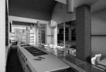 negozio panetteria pasticceria e bar salumeria stile moderno con banco vendita rivestito in corian, boiserie in laminato legno ed elementi d'arredo in corian e cris